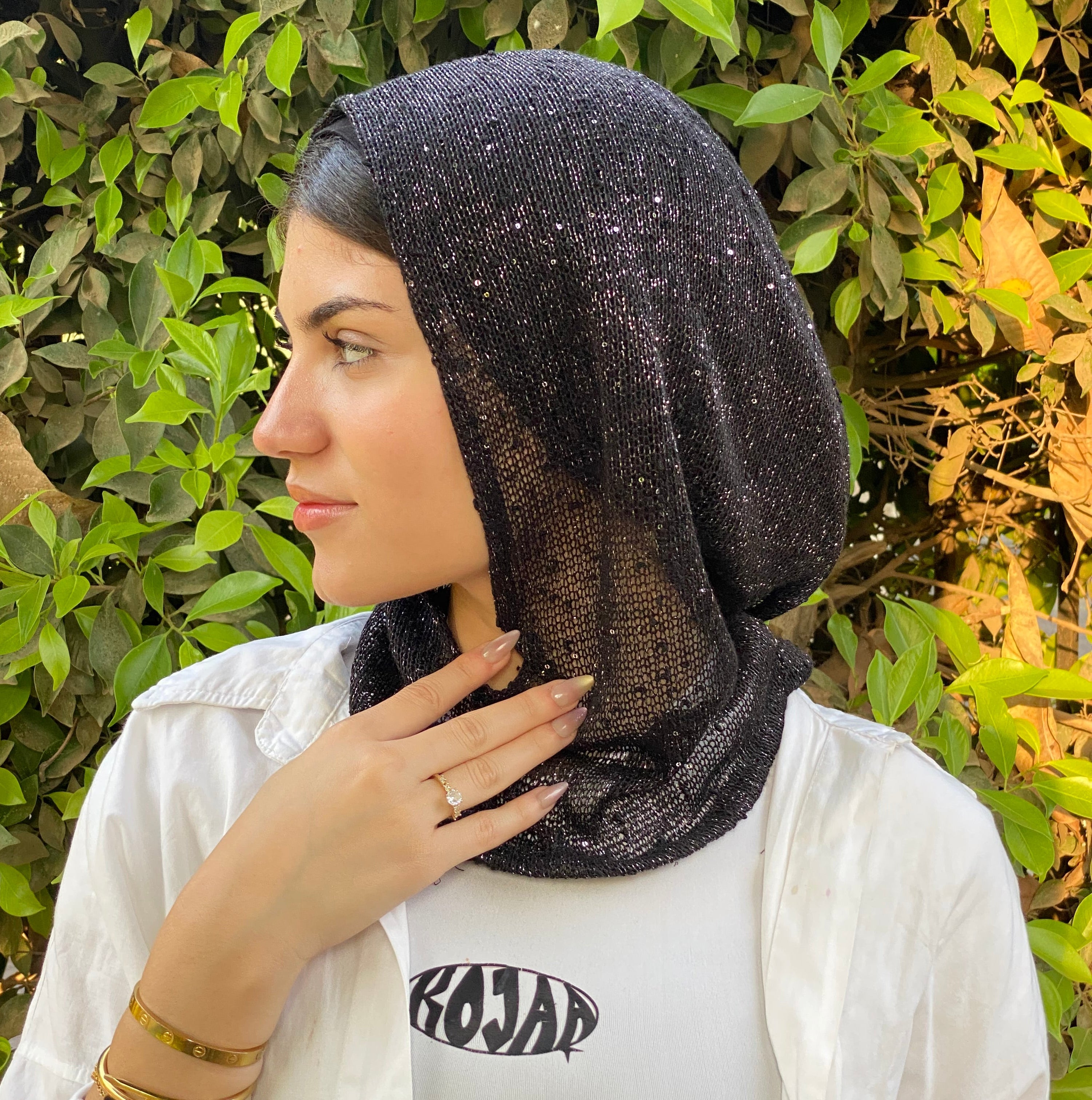 A Shimmer balaclava ( black- brown- gold- white)