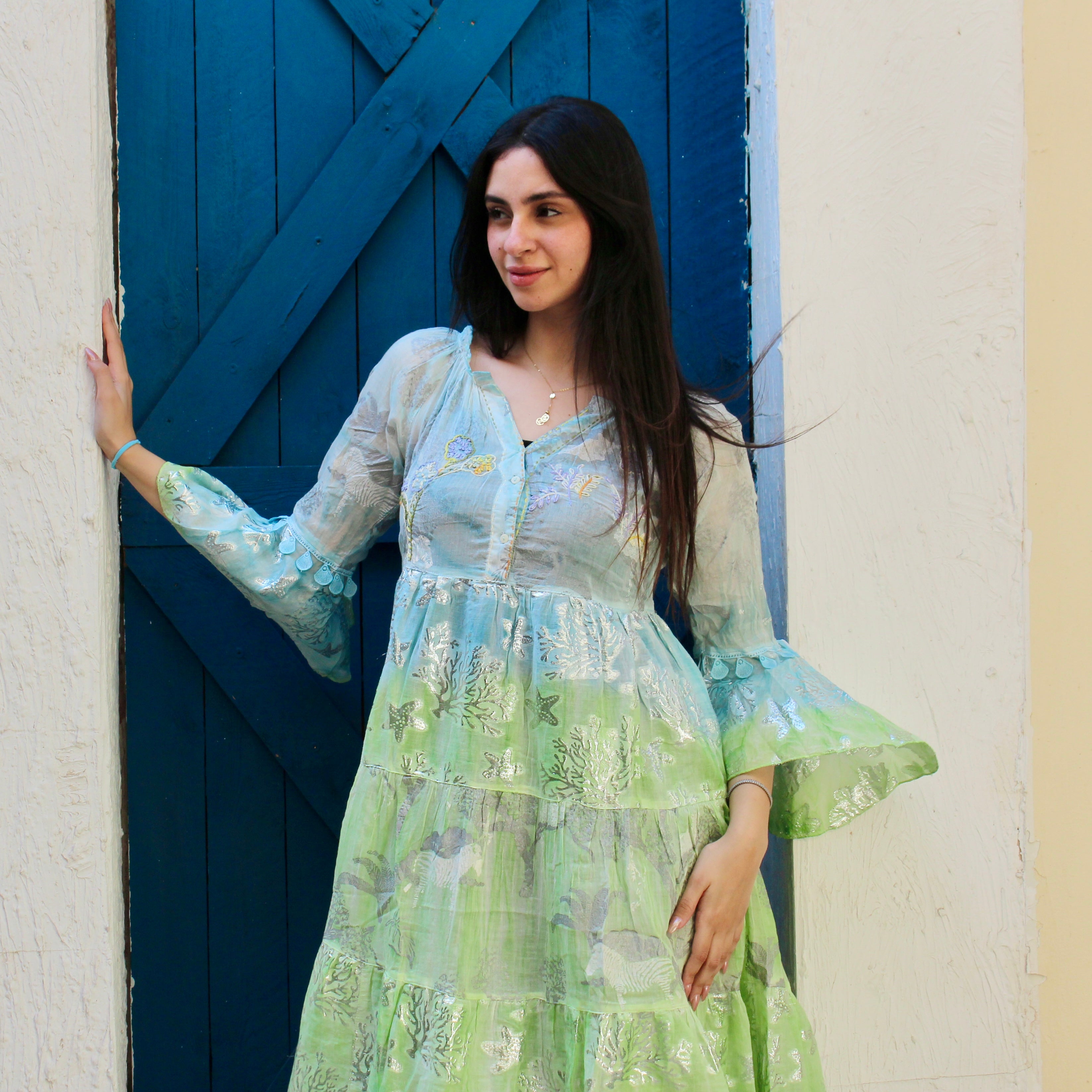 Floral Tiered Embroidered V-Neck Dress